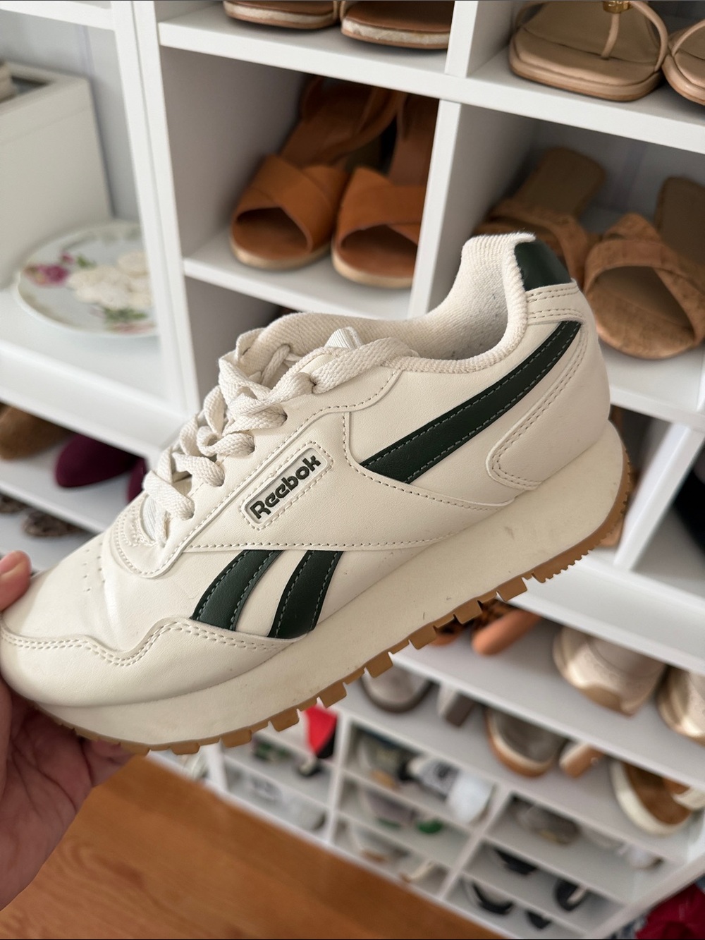 Reebok Cream Leather Sneakers with Dark Green Stripes and Gum Sole